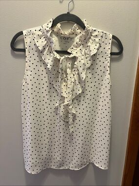LOFT Black Dot Ruffle Tie-Neck Sleeveless Top